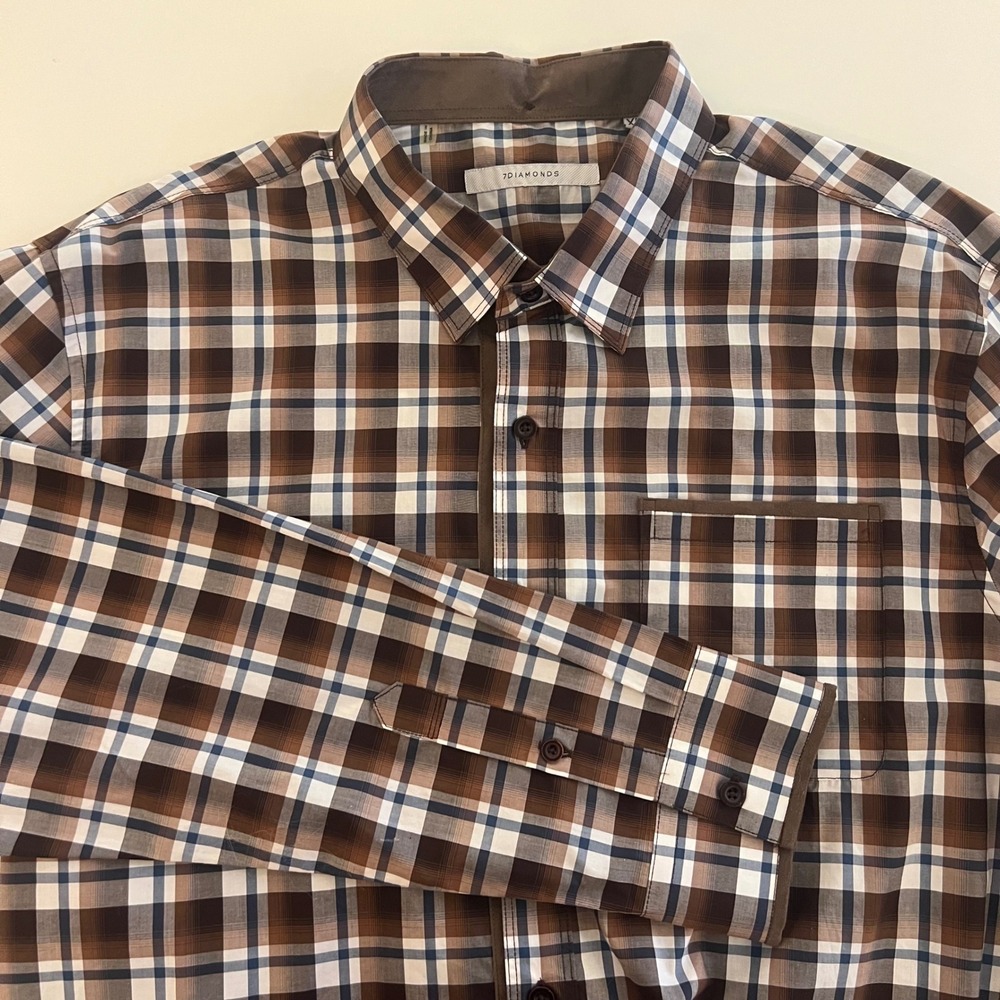 7 Diamonds Mens XL Brown Plaid Button Down Shirt Faux Suede Trim 100% Cotton‎